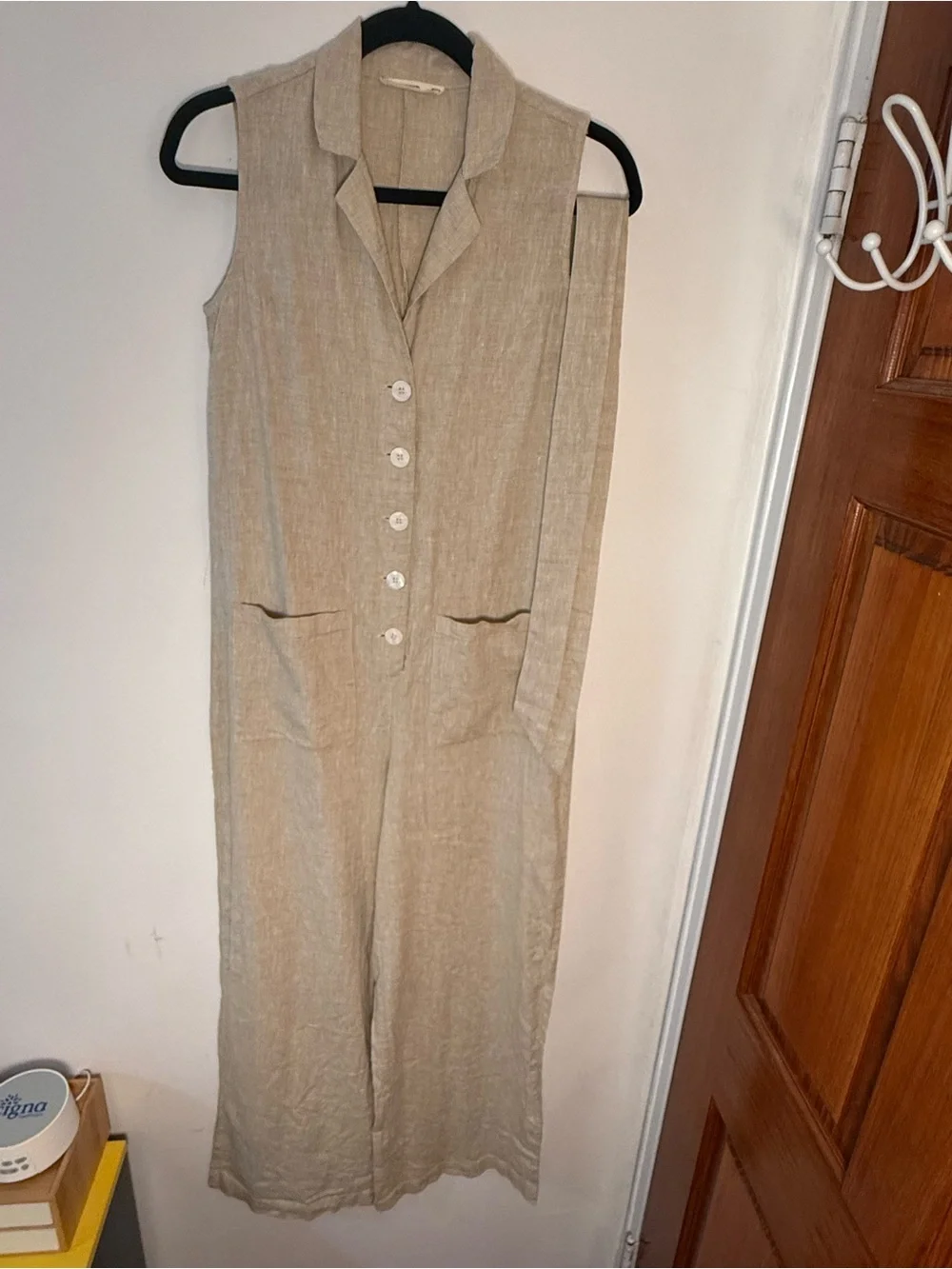 Mango Linen Sleeveless Belted Linen Jumpsuit in Beige